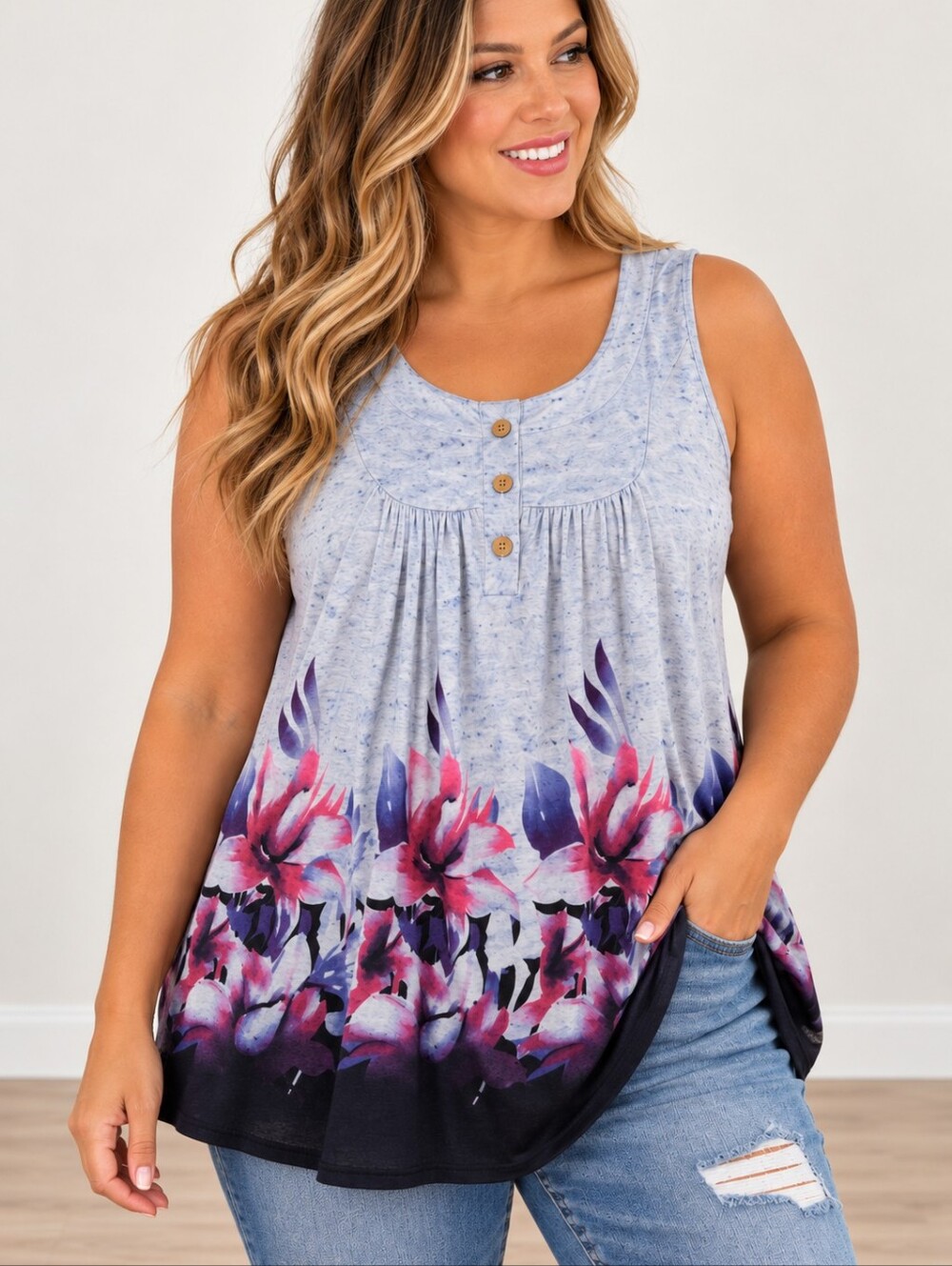 Floral Henley Sleeveless Tunic Tank Top XXL Gray Pink Purple Boho Plus Size